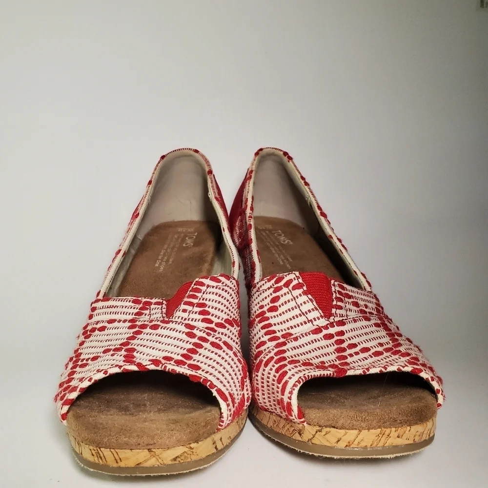 TOMS Scarlett Red Cream Cheron Woven Peep Toe Cork Wedge Size 10 EUC